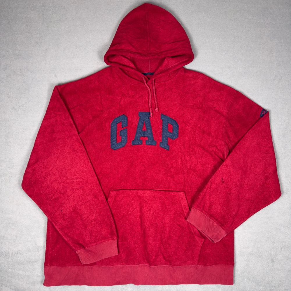 Vintage‎ Gap Hoodie Red Navy Arch Logo Pullover Fleece XXL Y2K Kangaroo Pocket